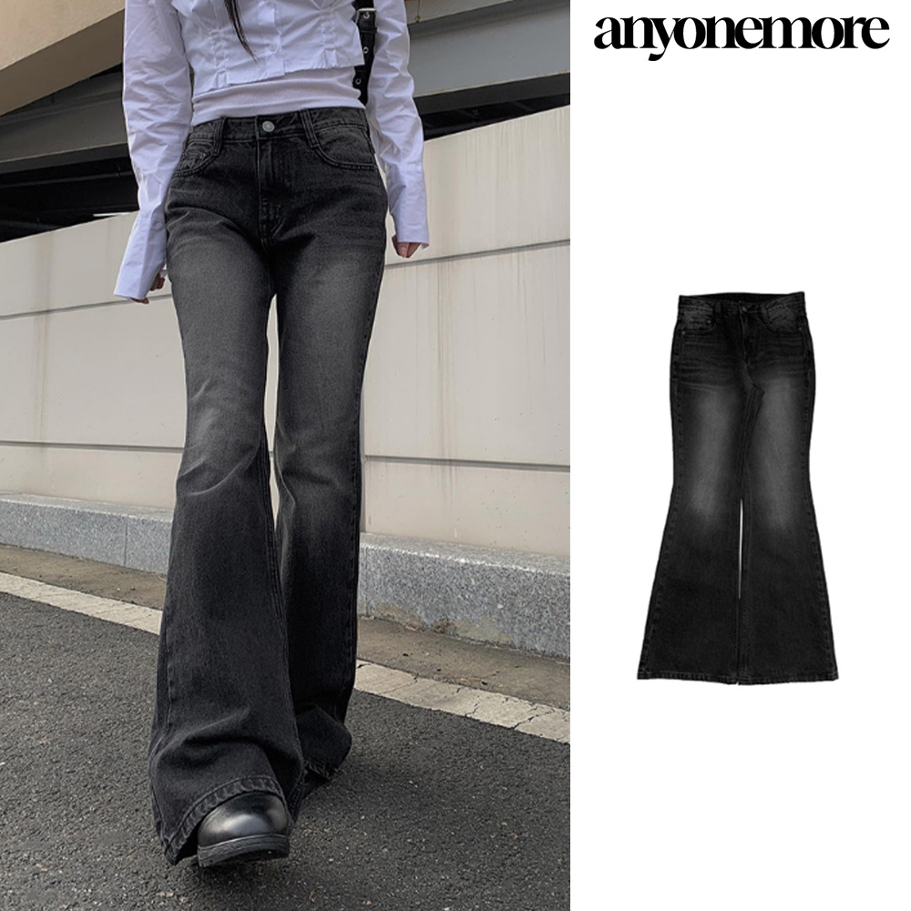 【Anyone more】Tabi Black Denim Washing Bootcut Denim Pants