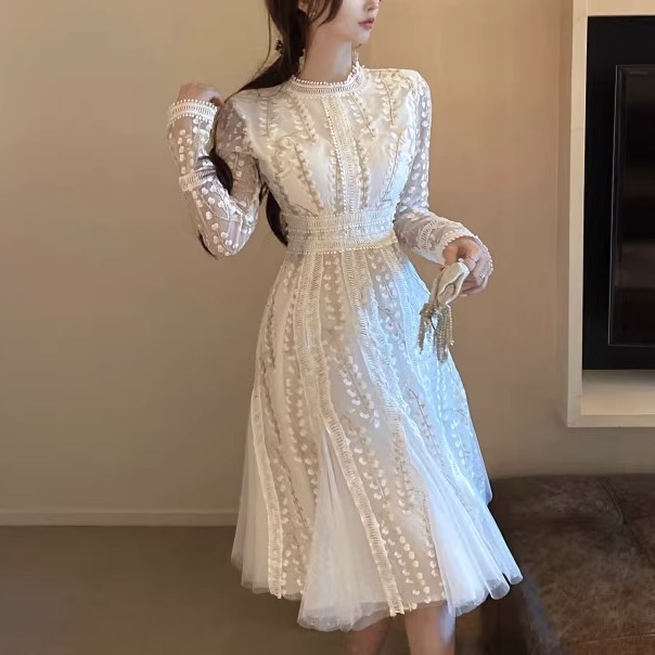 ドレス ミディアム丈 無地 長袖 上品 パーティー 結婚式 韓国