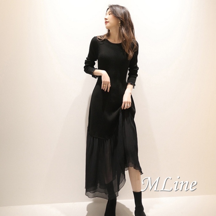 ニット ワンピース ドレス 切替 イレヘム きれいめ シンプル派