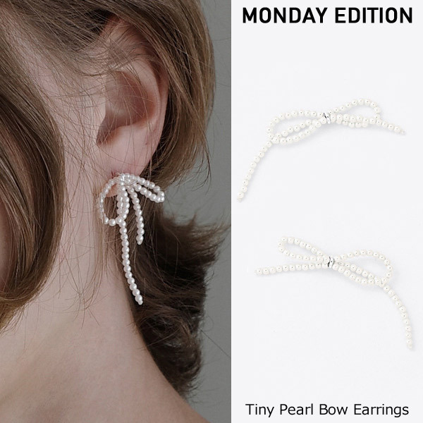韓国人気【MONDAY EDITION】Tiny Pearl Bow Earrings☆追跡付