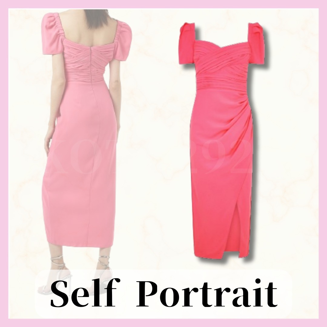 関送込【Self Portrait】アイリス ギャザー ミディドレス ピンク