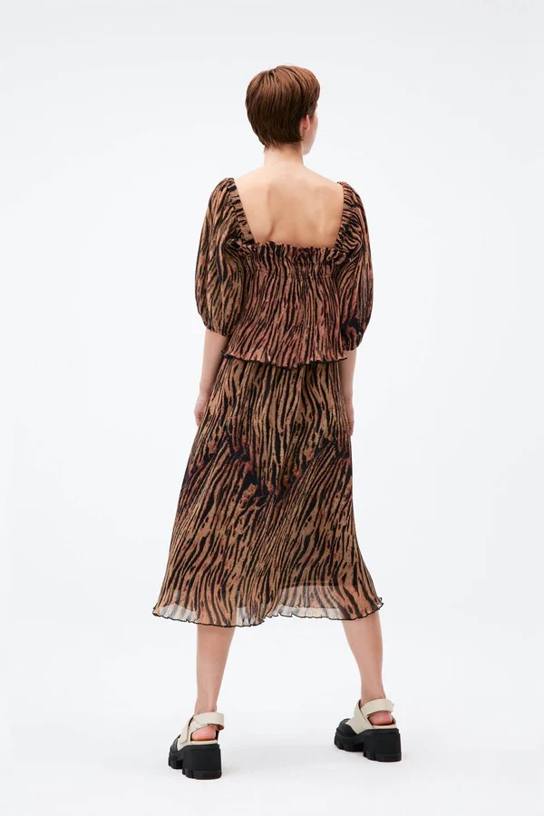 “GANNI” スクエアネック レイヤープリーツドレス Leopard