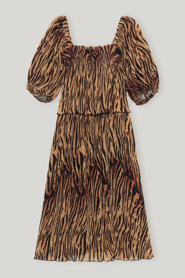 “GANNI” スクエアネック レイヤープリーツドレス Leopard