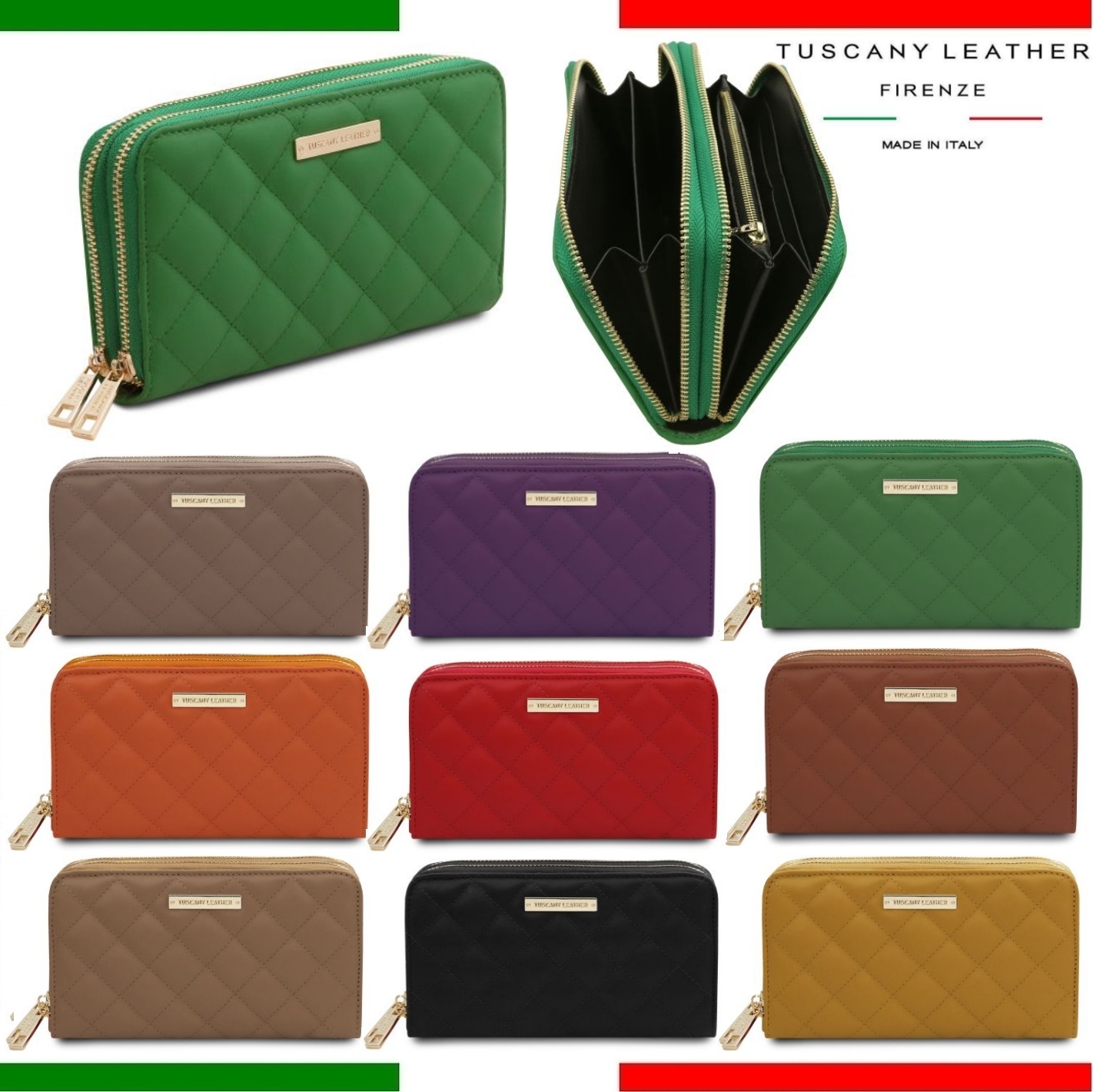 イタリア★ダブルジップ長財布牛革キルティング TUSCANY LEATHER