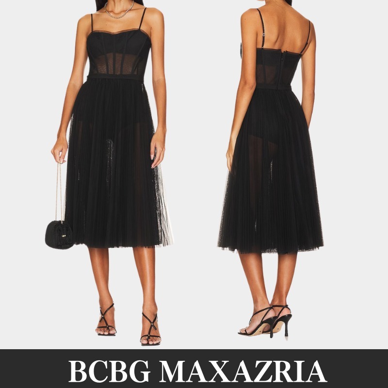 BCBG MAXAZRIA ワンピース シアー コルセット ミディドレス 黒