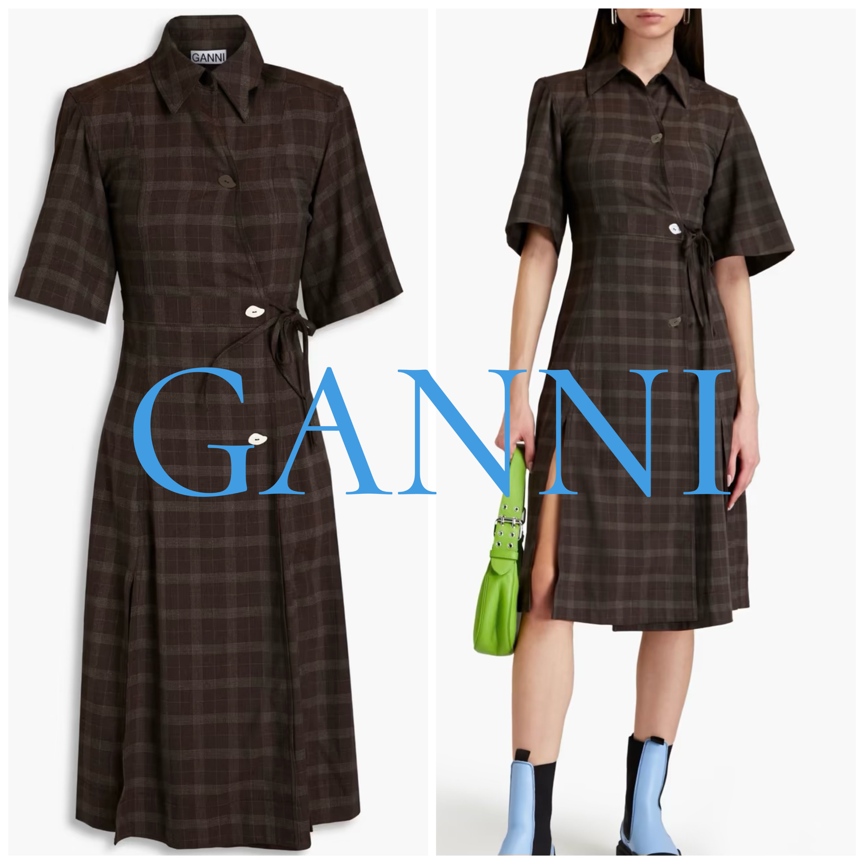 【関税込】GANNI☆Marron チェック柄 ミディドレス【UK発】