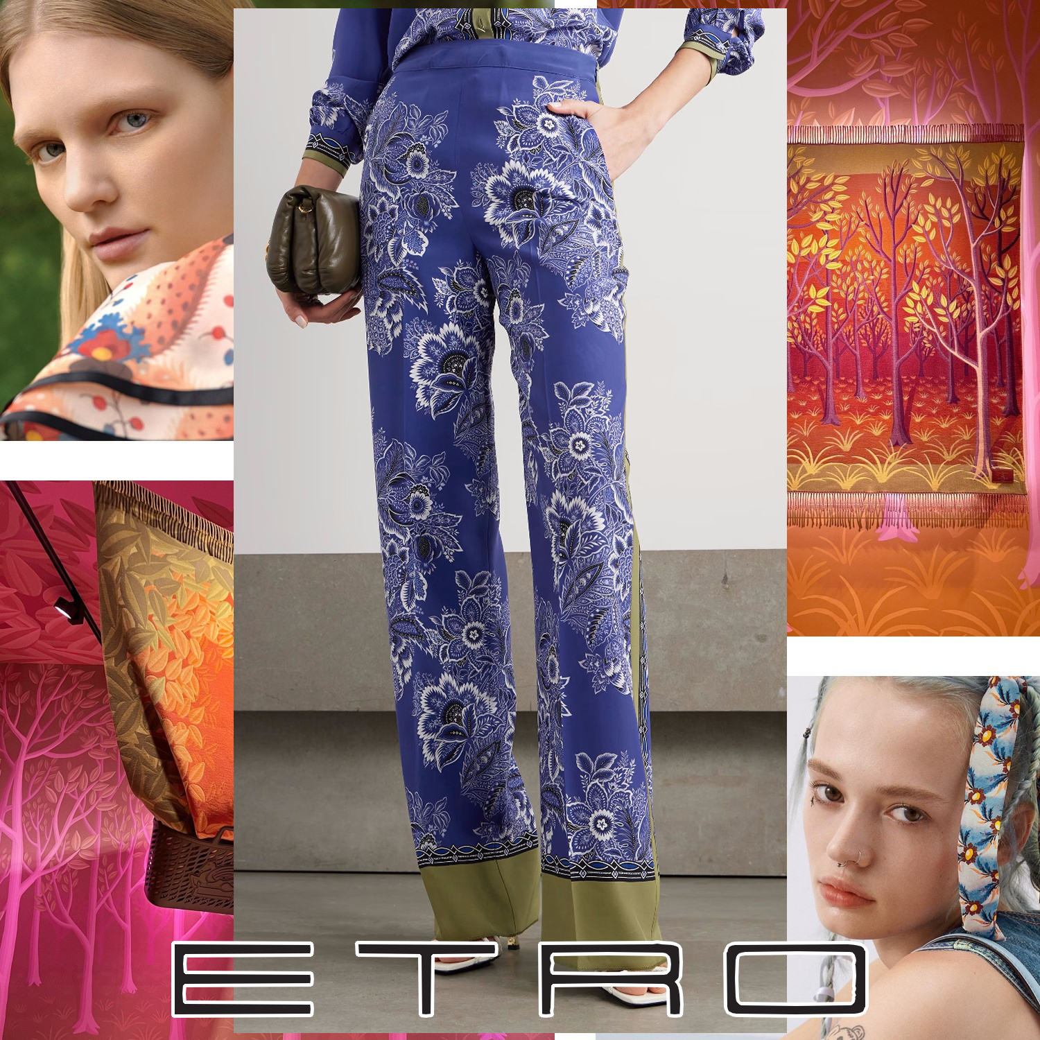 ETRO フラワープリント ワイドレッグパンツ ブルー