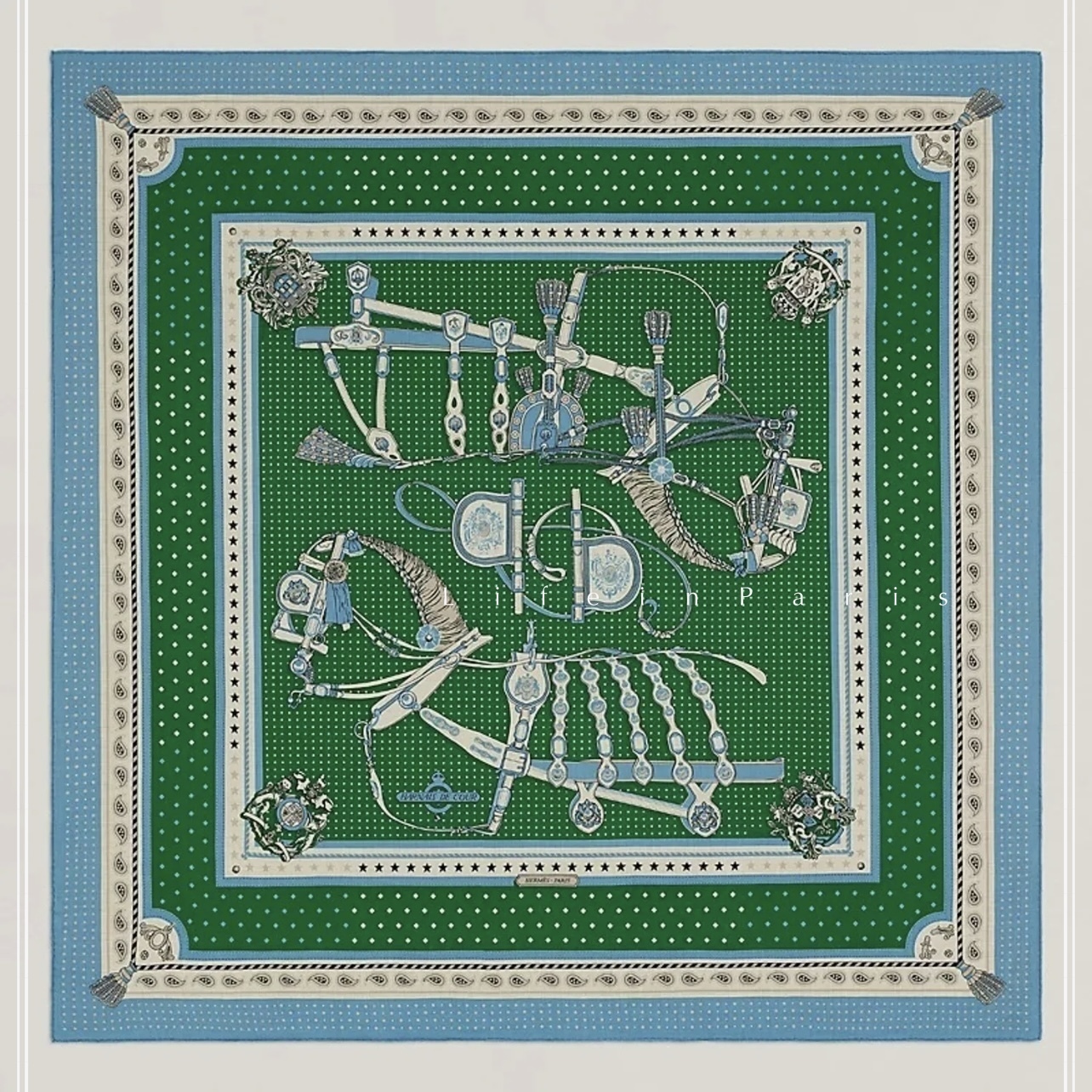 HERMES バンダナカシシル 宮廷の馬具 Harnais ブルー/ヴェール