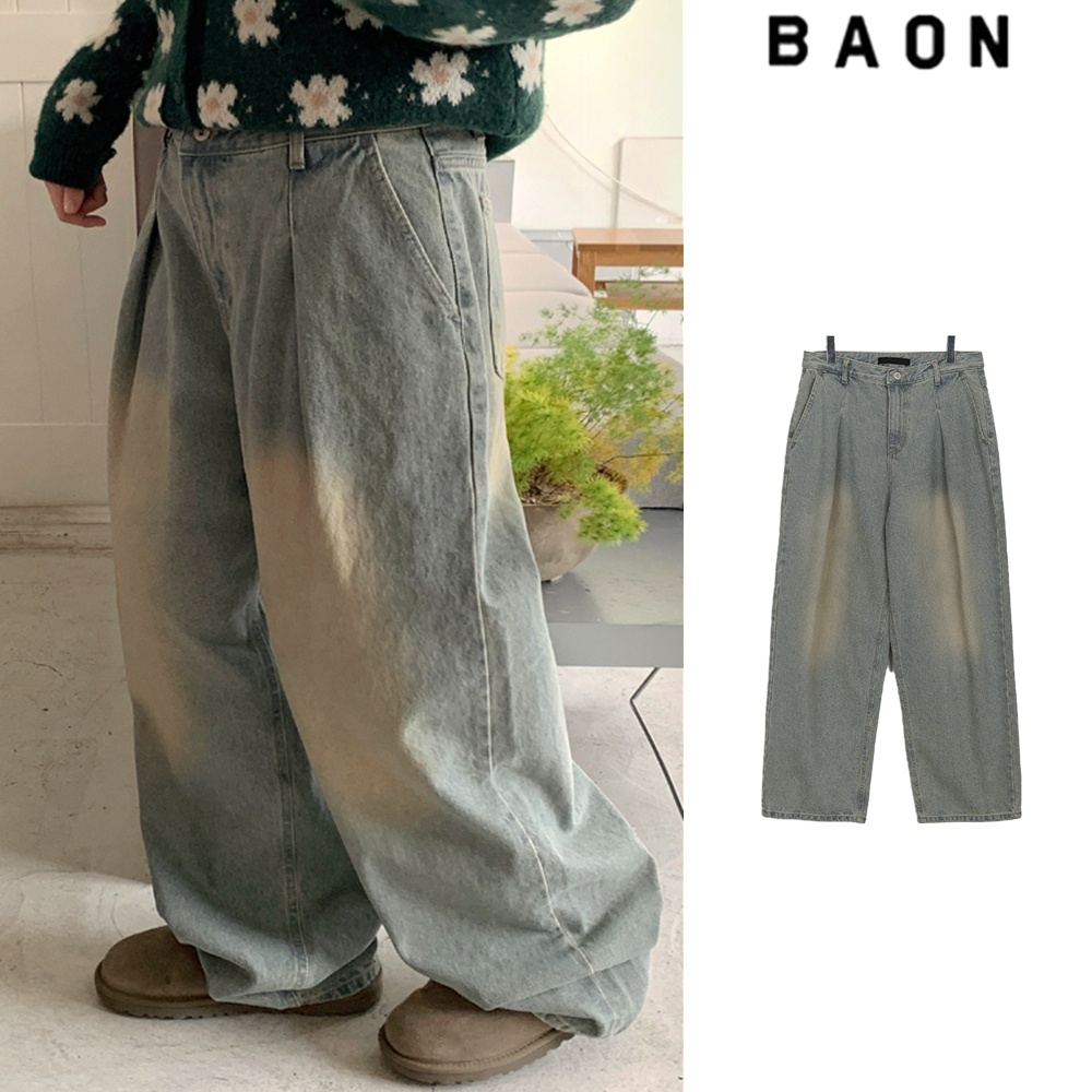 【BAON】[unisex] Resole Pintuck Washed Denim Wide Pants