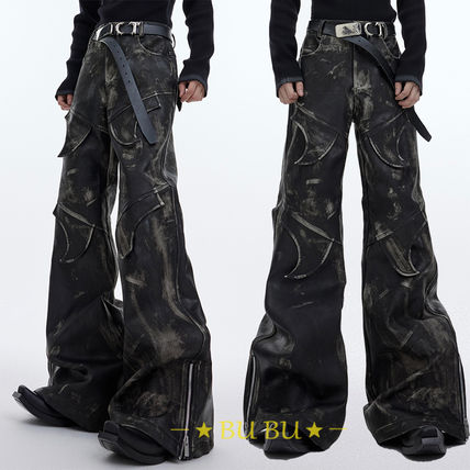 ArguECulturE ストリート フェイクレザー ワイドロングパンツ ArgueCultureフェイクレザーパンツワイドロングおしゃれメタル黒