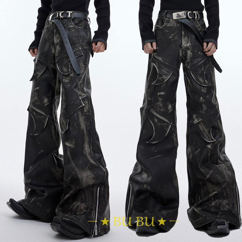 ArguECulturEストリート フェイクレザー zip ワイドロングパンツ