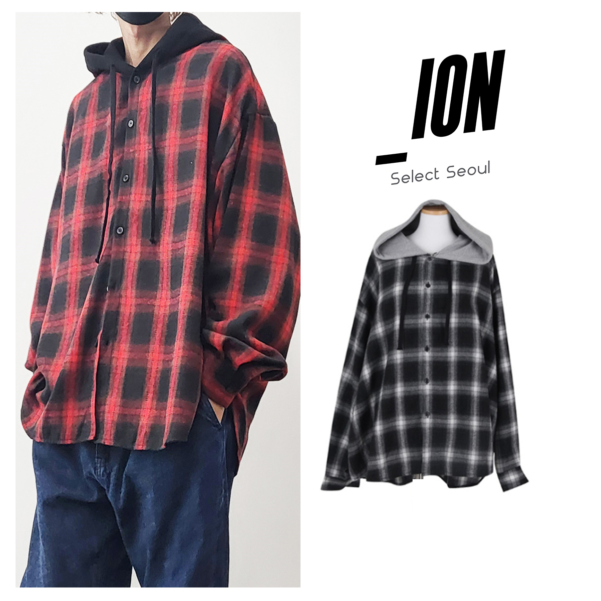 シャツ IONSEOUL Low Check Hood Shirt (2color) JE069