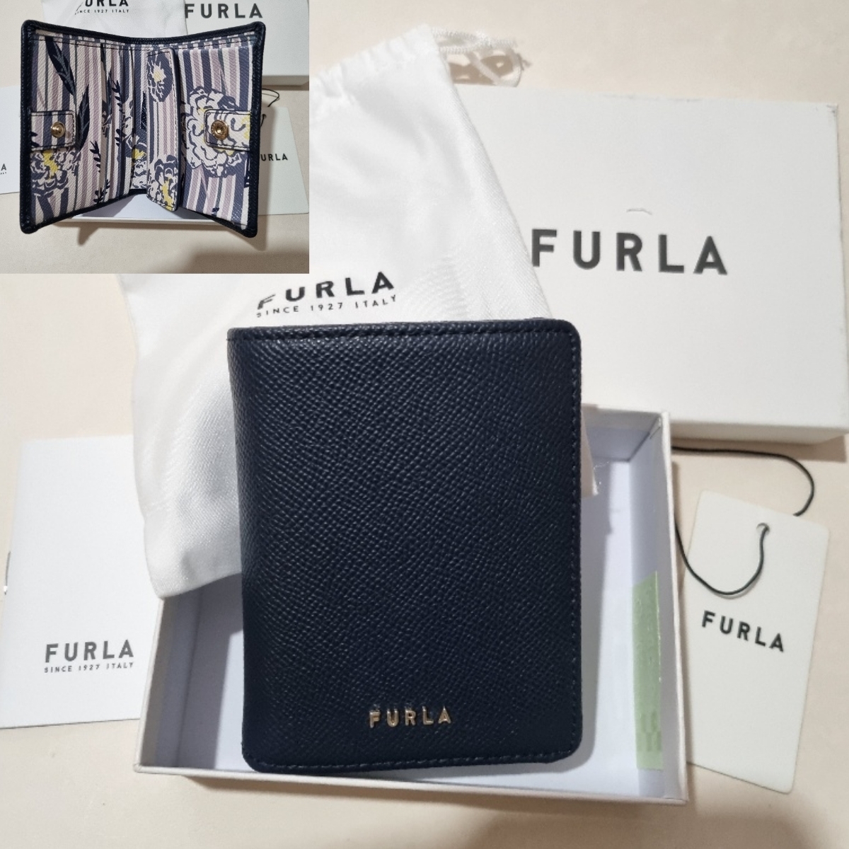 希少SALE★花柄/縞/ロゴ【送込 FURLA】小銭CC2折り中財布★紺/革