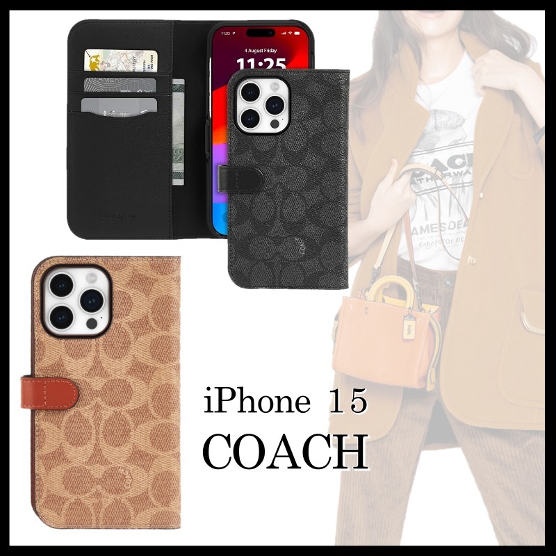 ◆COACH コーチ◆iPhone15 手帳型 スマホケース ワイヤレス充電