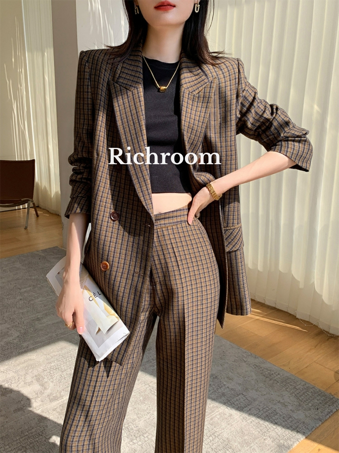 スーツ チェック セットアップ パンツ ジャケット ダブル 韓国