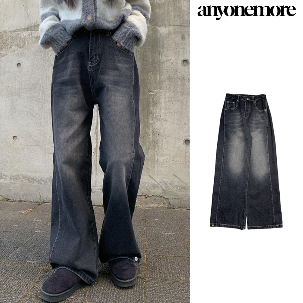 【Anyone more】Luke Slit Stitch Black Denim Pants