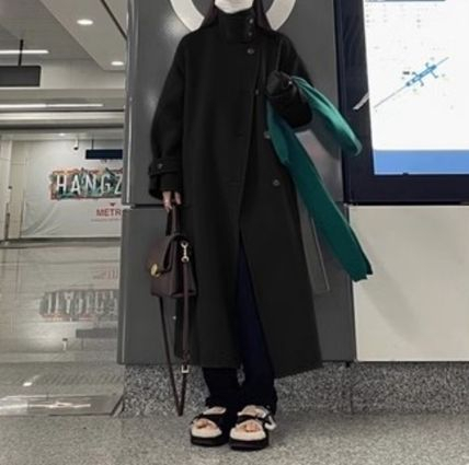 ウールタッチ ロングコート スタンドカラー ワイド 全2色 韓国