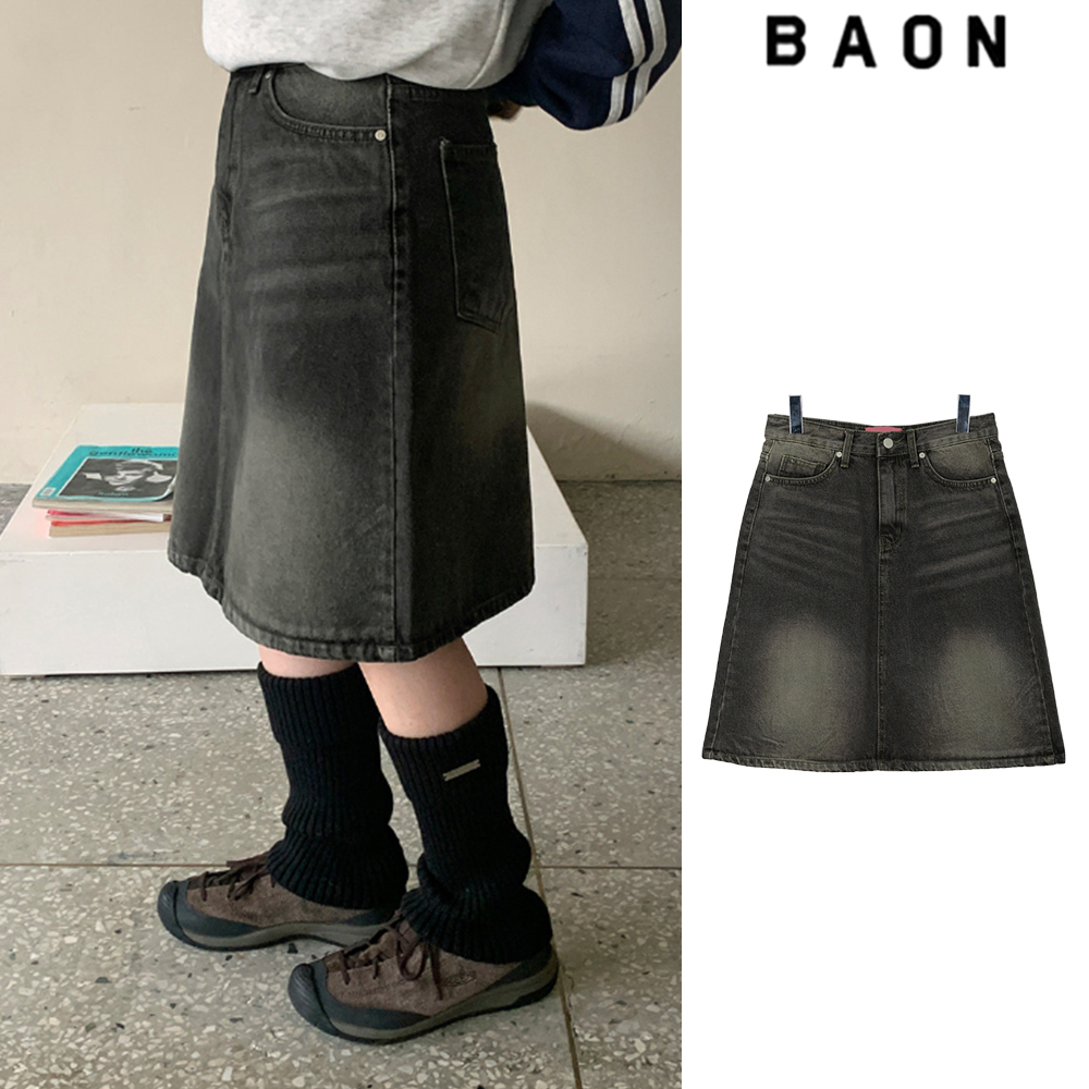 【BAON】Dumpy Washed Denim Midi Skirt