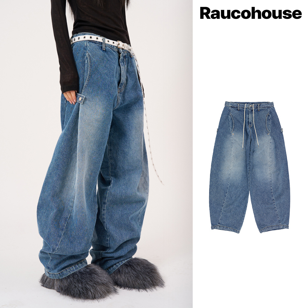【Raucohouse】Folding snap over wide denim pants