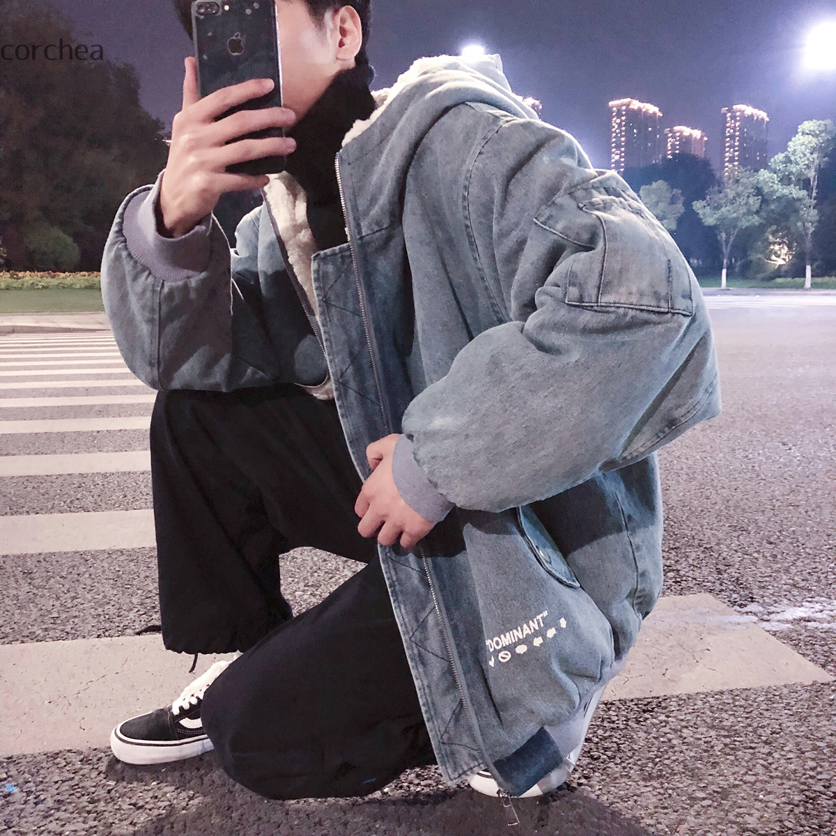 デニム パーカー ボア フード もこもこ バッグプリント M〜2XL