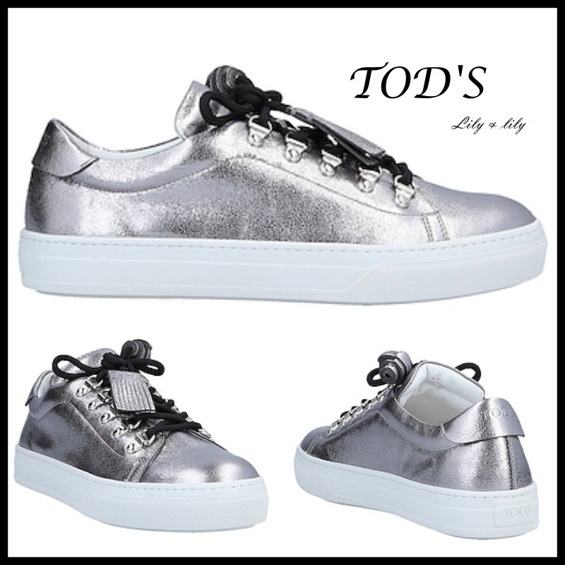TOD'S◆シルバー レザー メタリック スニーカー◆関税送料込み