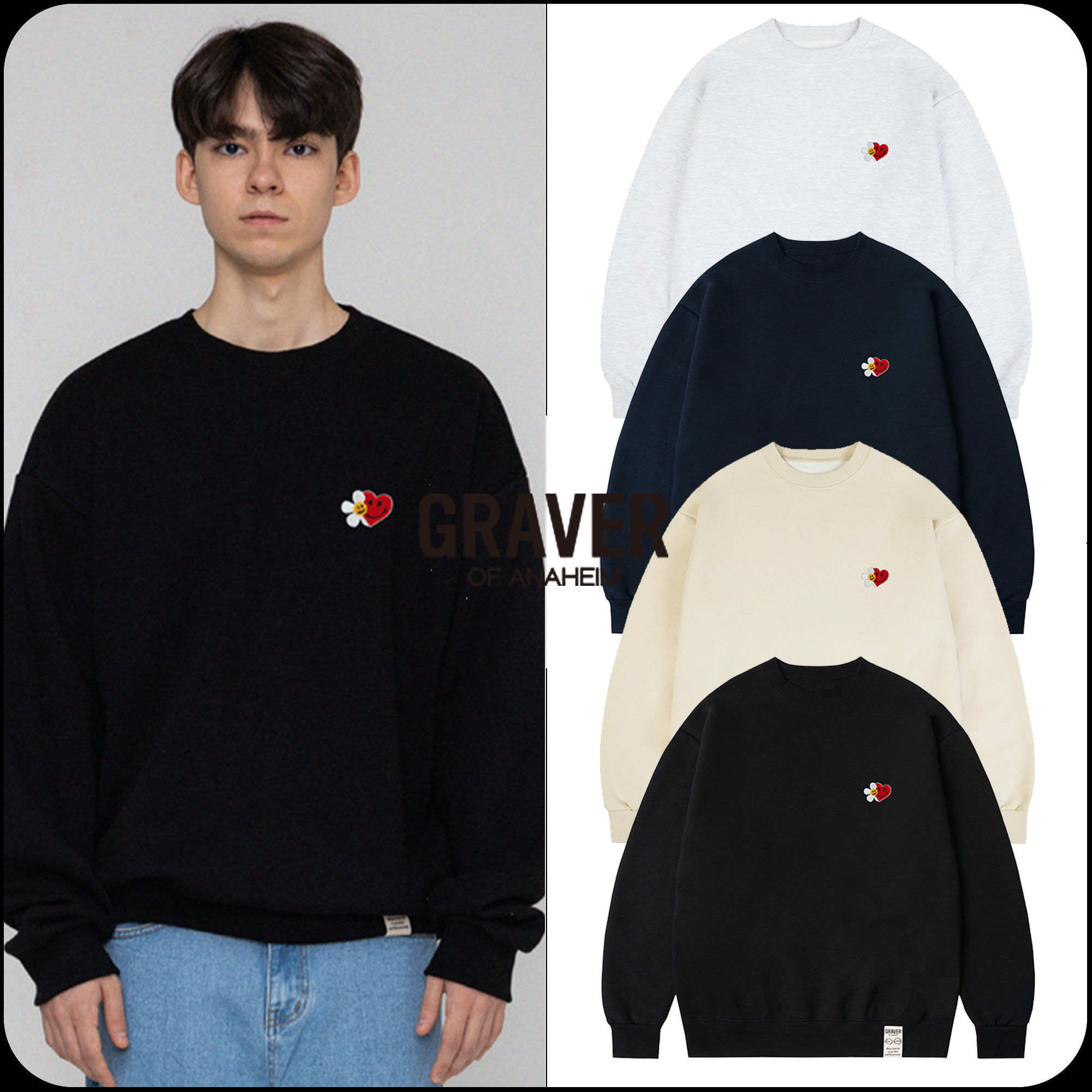 [GRAVER]★FLOWER HEART HALF SMILE EMBROIDERY SWEATSHIRT