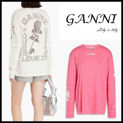 Ganni T-Shirts Street Style Long Sleeves Cotton Long Sleeve T-shirt Logo