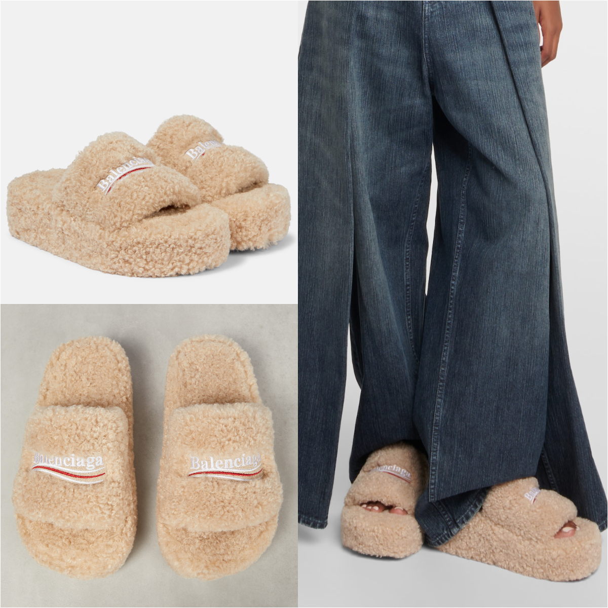 BALENCIAGA*もこもこロゴフェイクムートン厚底ミュール サンダル