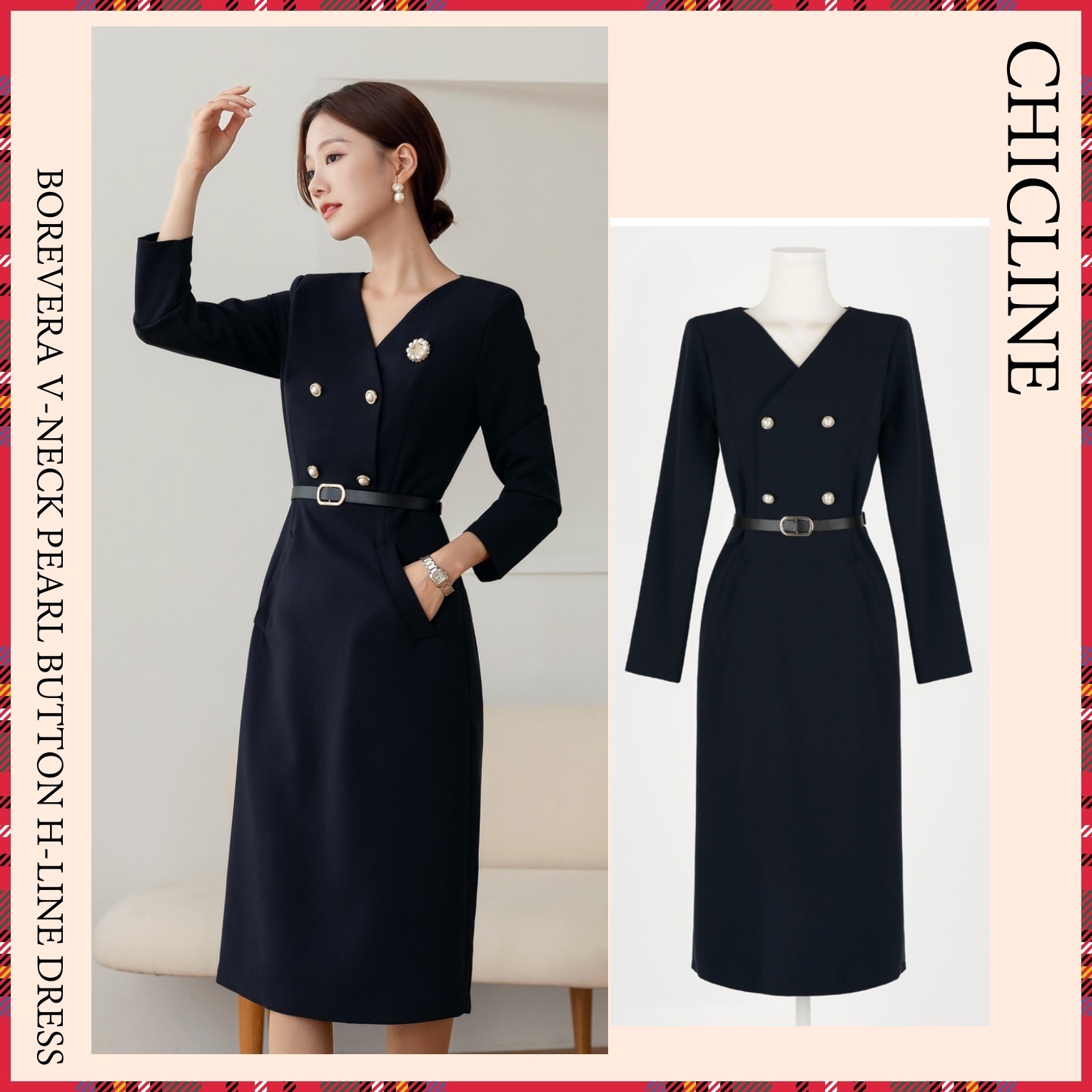 【CHICLINE】★ ボアベラ Vネック Hライン ワンピース (DRESS)★