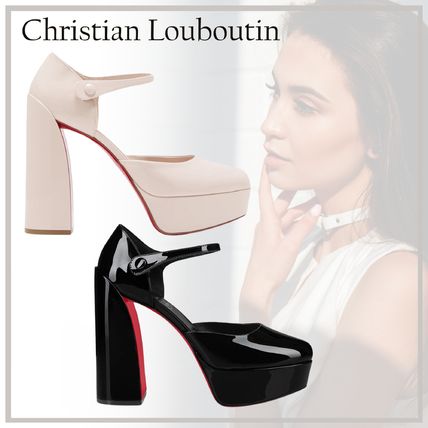 Christian Louboutin Block Heel Platform Round Toe Casual Style Street Style Plain Leather