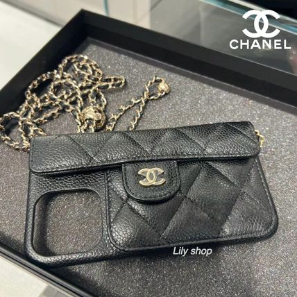 CHANEL Smart Phone Cases Plain Leather Logo iPhone 15 Pro Max Smart Phone Cases