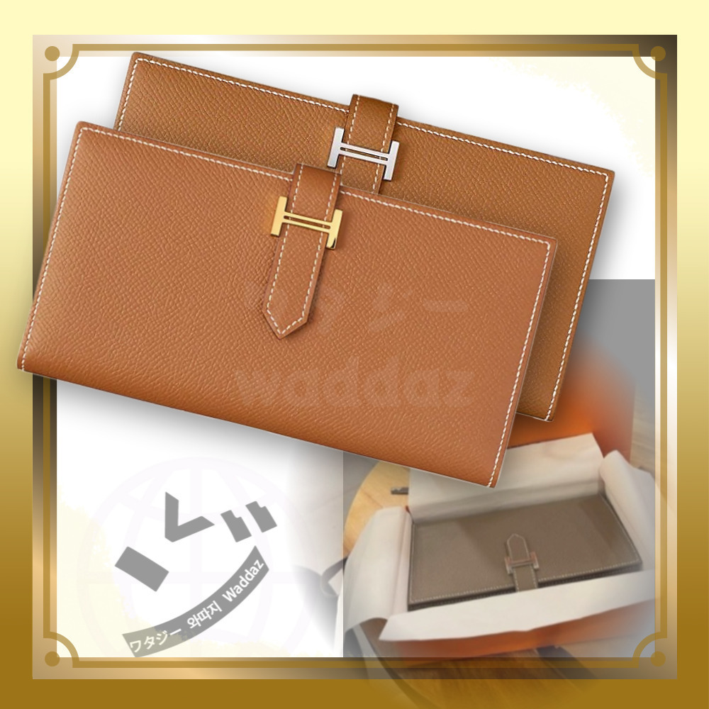 【HERMES】ベアン◆ロゴ長財布◆エプソム◆シルバー/ゴールド
