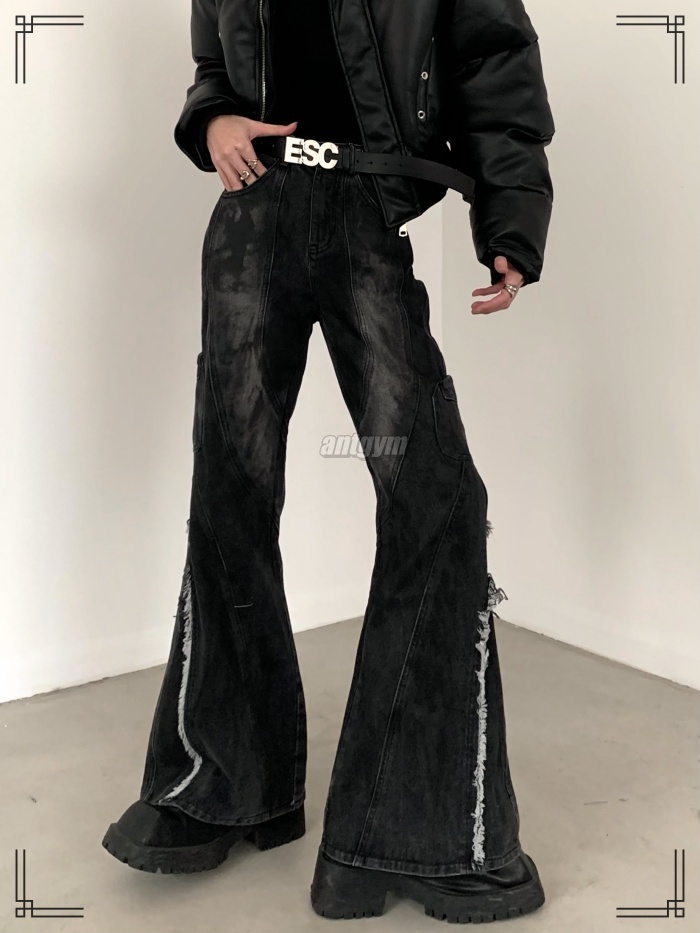 デニムパンツ S~2XL フレアワイド ストリート ブラック