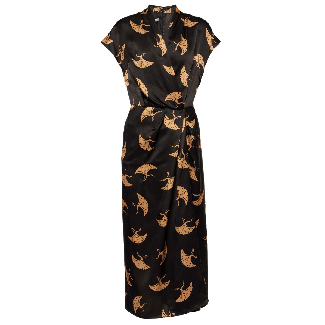 DRIES VAN NOTEN アブストラクト シルク サテン ワンピース 38 Dries Van Noten ミディドレス シルク サテン ラップ 半袖