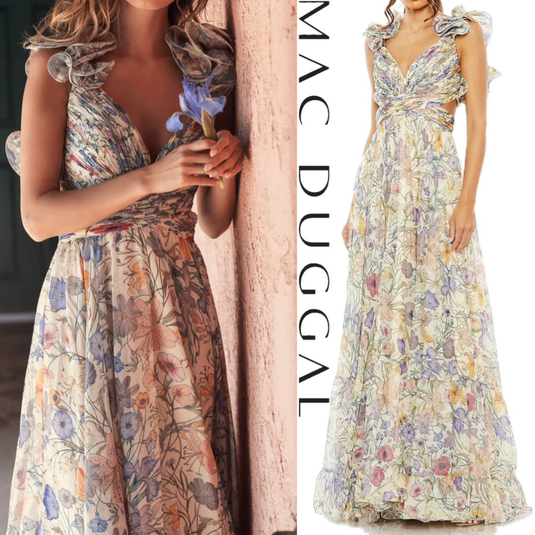 【MAC DUGGAL】可愛すぎ♪花柄フリル背中レースアップLongドレス