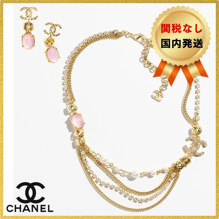 24P新作【CHANEL】ピンク グラスパール ピアス&ネックレスセット
