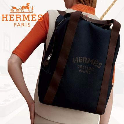 HERMES Backpacks Unisex Nylon Blended Fabrics Street Style A4 Leather Logo