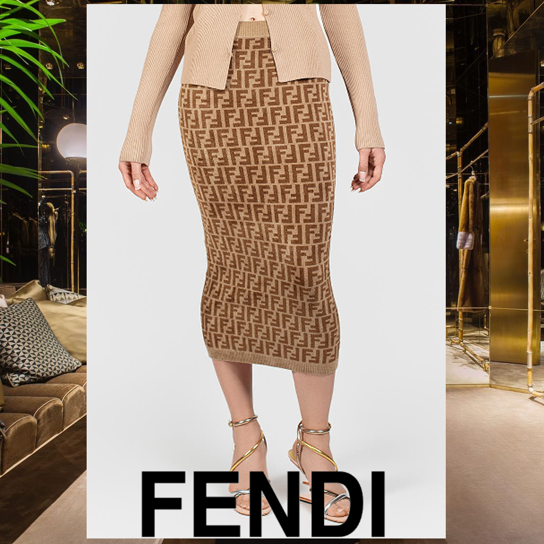 FENDI FFモノグラムニットミディスカート ブラウン