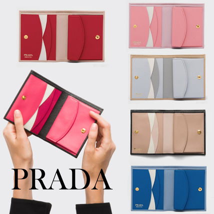 PRADA Folding Wallets Plain Leather Folding Wallet Small Wallet Logo Icy Color