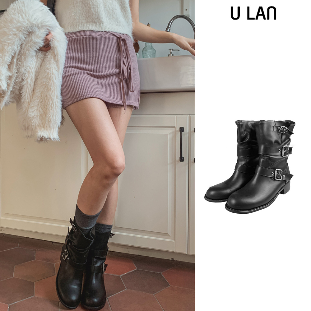 【U LAN】biker strap middle boots