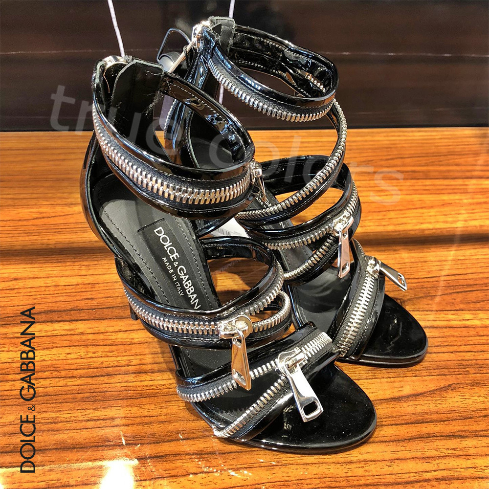 DOLCE&GABBANA DG ジップディテール 黒レザー サンダル *105mm高