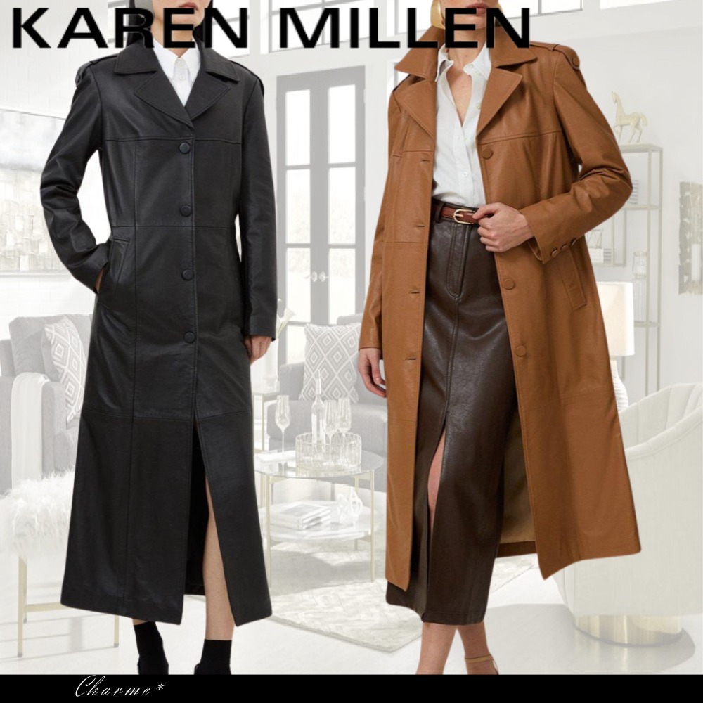 KAREN MILLEN コート レザー 光沢感 ロング丈 ボタン 襟
