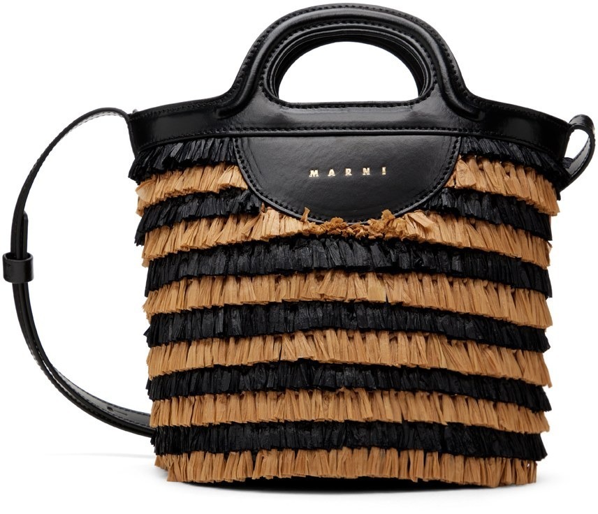 Tropicalia Small Bucket Bag in black leather and raffia