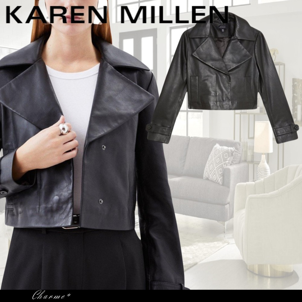 KAREN MILLEN レザージャケット ショート 襟 Ｖネック 袖ベルト