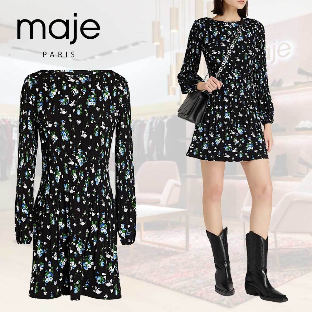 MAJE プリーツ加工クレープ ミニワンピース フローラルプリント