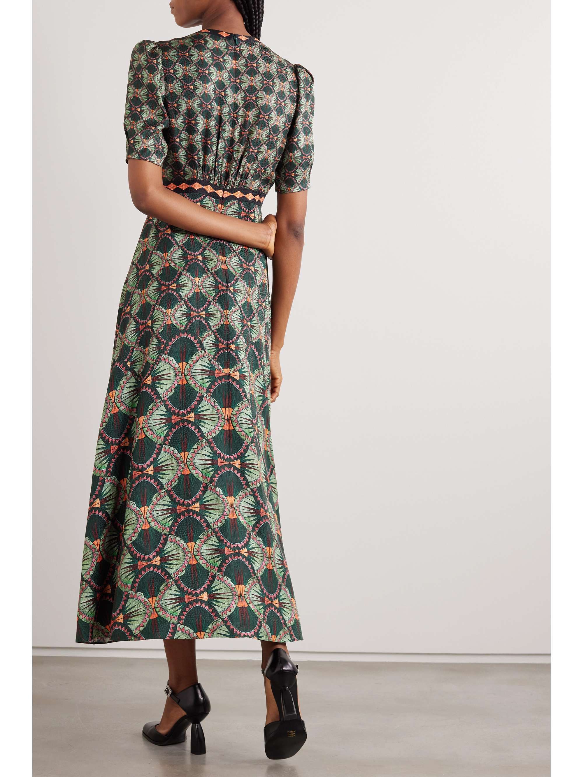 「SALONI」シルクジャカード ミディ丈ワンピース プリント入り