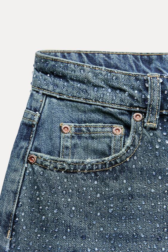 ZARA】ストレートレッグミッドライズラインストーン デニム ボトムス