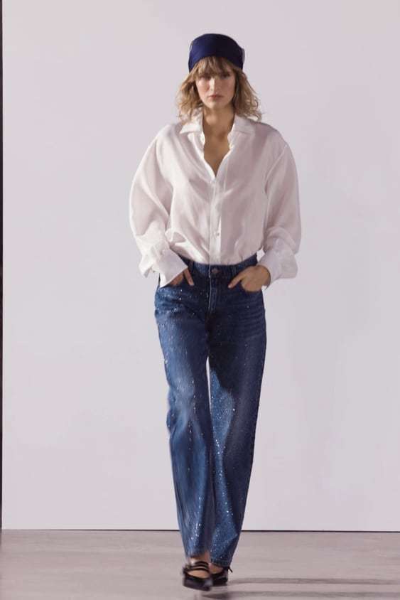 ZARA】ストレートレッグミッドライズラインストーン デニム ボトムス
