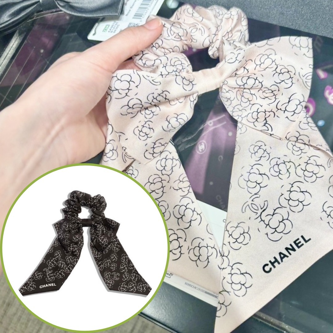 【カメリア柄が上品】 CHANEL ヘア アクセサリー リボンシュシュ