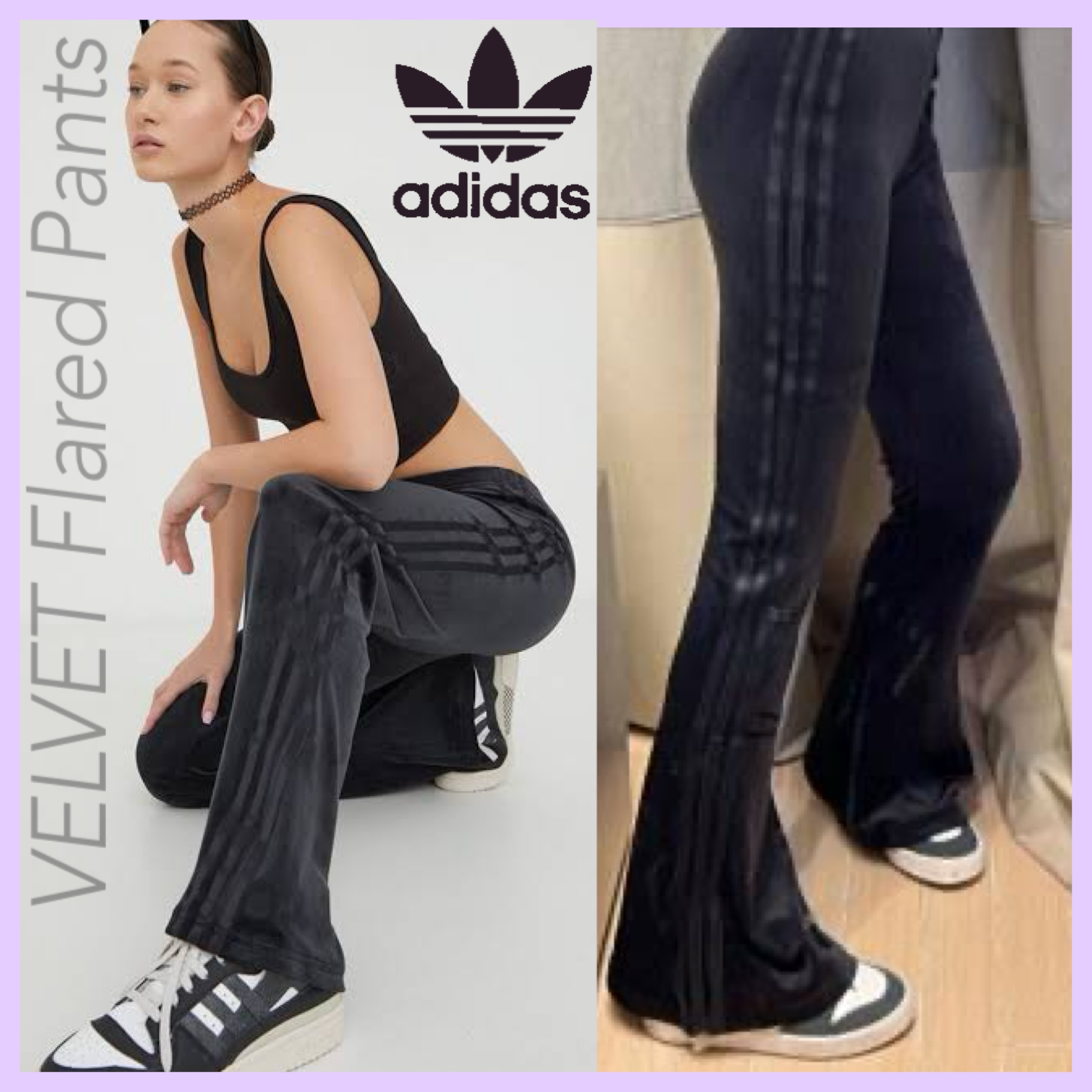 adidas ベルベット トラックパンツ フレア トレフォイル スリット